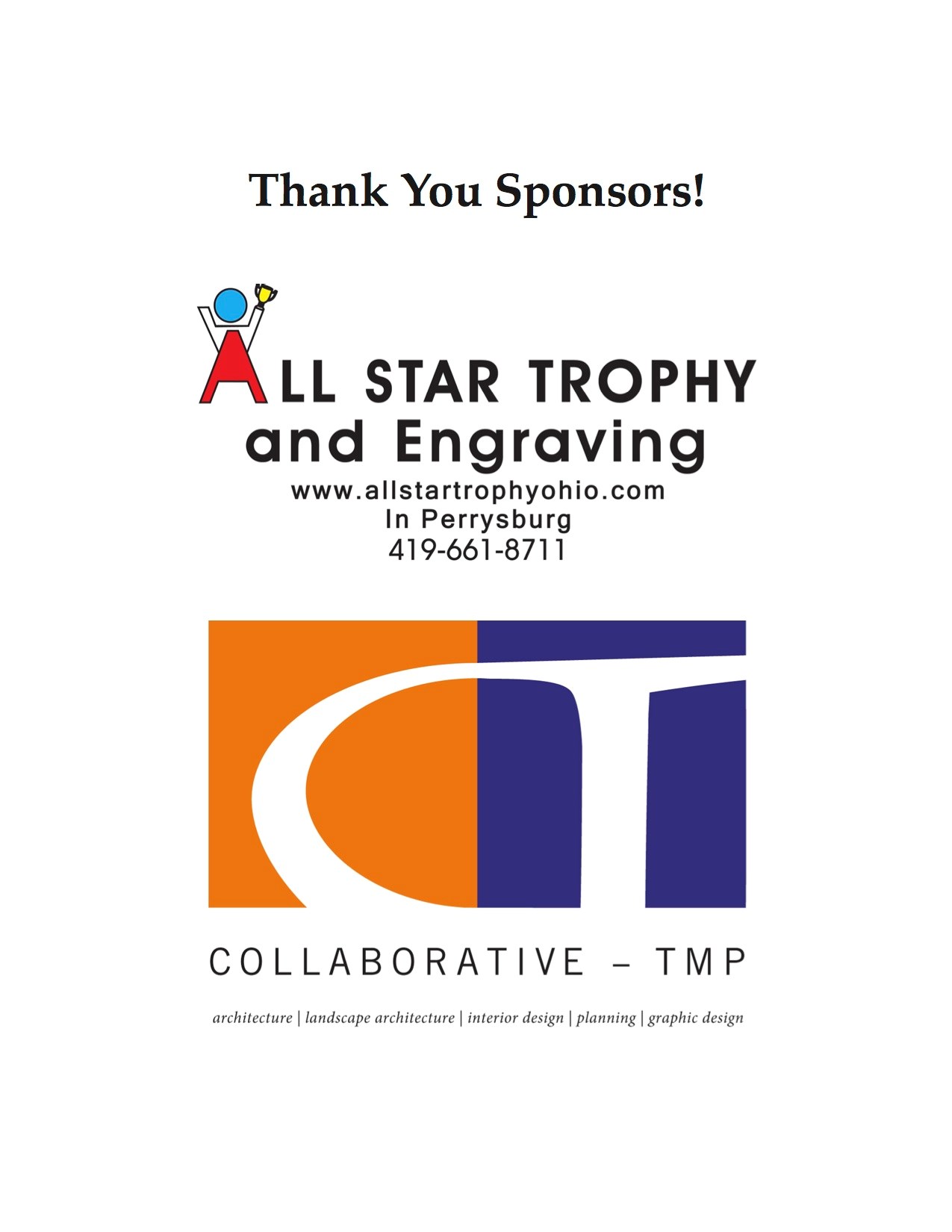 Thank you sponsors--logos for All Star Trophy and Engraving and Collaborative TMP