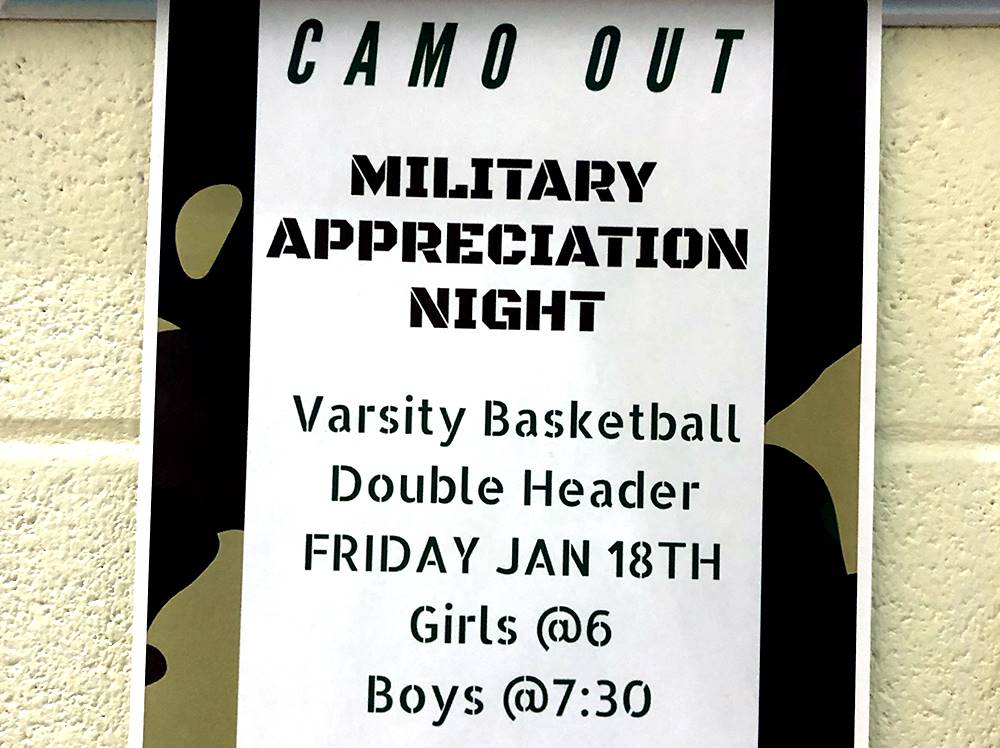 Poster for "Camo Out" Military Appreciation Night at basketball game