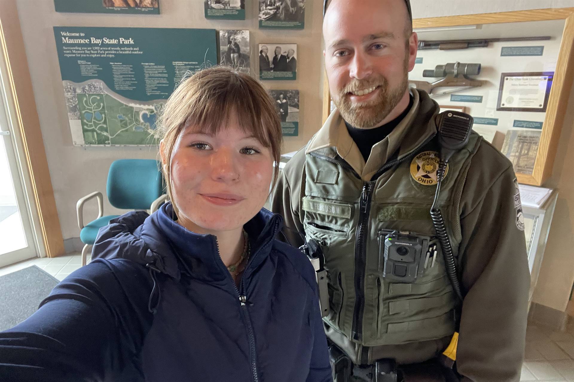 Two people in a park visitors' center