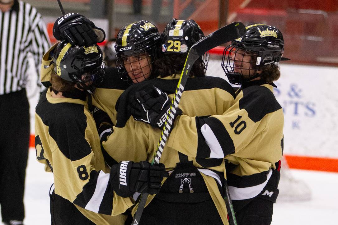 hockey players hugging